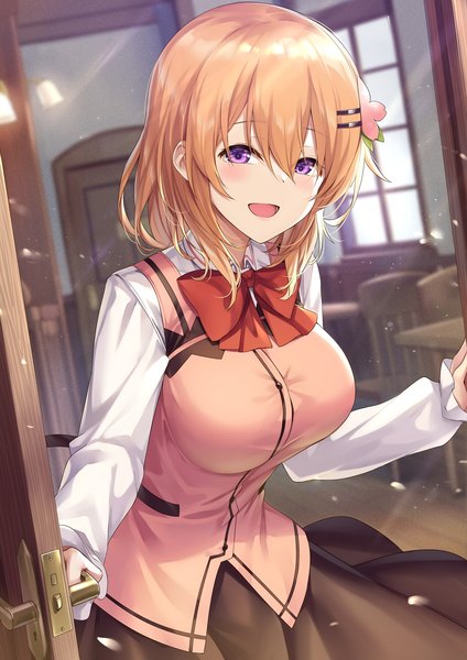 Anime picture 992x1403 with gochuumon wa usagi desu ka? white fox hoto cocoa ks single tall image looking at viewer blush fringe short hair breasts open mouth smile hair between eyes large breasts standing purple eyes long sleeves :d sunlight