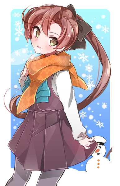 Anime picture 1024x1591 with kantai collection akigumo destroyer takeshima eku single long hair tall image looking at viewer blush smile brown hair brown eyes ponytail border winter exhalation outside border girl bow hair bow pantyhose