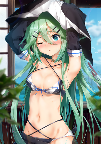 Anime picture 1240x1754 with kantai collection yamakaze (kantai collection) kuria (clear trip second) single long hair tall image looking at viewer blush fringe open mouth blue eyes light erotic hair between eyes sky cleavage cloud (clouds) one eye closed aqua eyes arms up :o