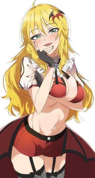 Anime picture 2194x4096 with idolmaster idolmaster (classic) hoshii miki katsu (kana) single long hair tall image looking at viewer blush fringe highres breasts open mouth light erotic simple background blonde hair smile hair between eyes large breasts standing