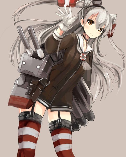 Anime picture 2400x3000 with kantai collection amatsukaze destroyer rensouhou-kun haik single long hair tall image looking at viewer highres simple background brown eyes grey hair grey background two side up girl thighhighs dress gloves hat white gloves