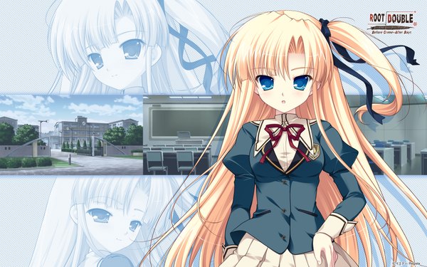 Anime picture 1920x1200 with root double sannomiya louise yui long hair highres blue eyes blonde hair wide image game cg one side up girl uniform ribbon (ribbons) hair ribbon school uniform