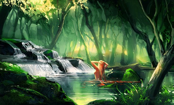 Anime picture 1024x619 with original sakimichan single breasts light erotic wide image very long hair multicolored hair nude back waterfall girl plant (plants) tree (trees) water forest