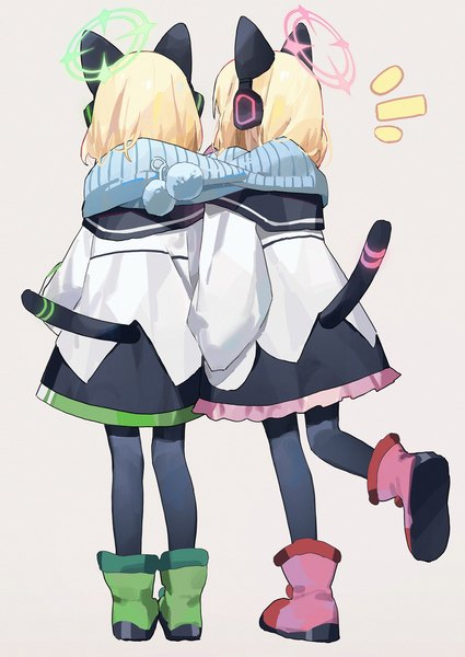 Anime picture 2330x3288 with blue archive momoi (blue archive) midori (blue archive) measho tall image highres short hair simple background blonde hair standing multiple girls animal ears full body tail animal tail from behind cat ears grey background cat girl cat tail