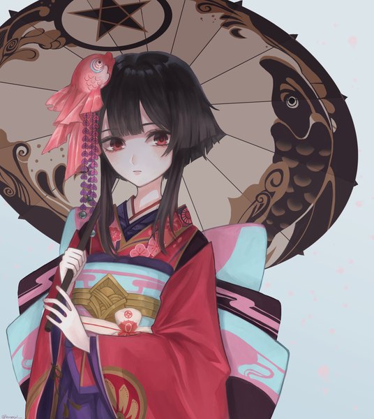 Anime picture 1831x2048 with onmyoji kagura (onmyoji) pixiv id15748975 single tall image looking at viewer fringe highres short hair black hair simple background red eyes standing holding payot upper body blunt bangs traditional clothes parted lips japanese clothes