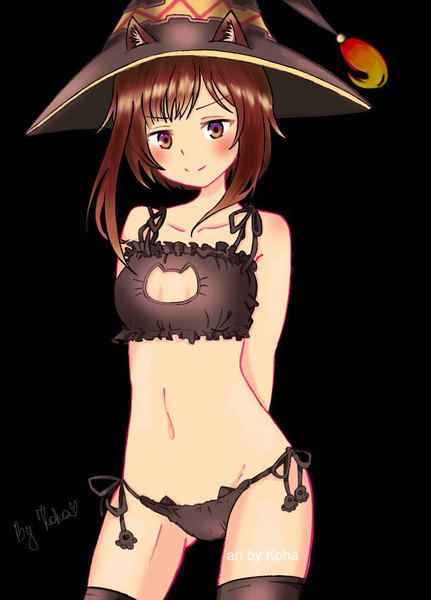 Anime picture 850x1184 with kono subarashii sekai ni shukufuku wo! studio deen megumin tagme (artist) single tall image looking at viewer blush fringe short hair breasts light erotic simple background smile red eyes brown hair large breasts standing bare shoulders signed