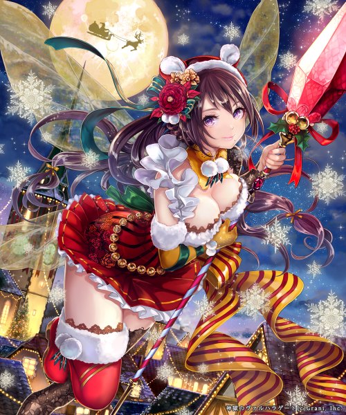 Anime picture 1000x1200 with kamigoku no valhalla gate pisuke single long hair tall image looking at viewer light erotic brown hair purple eyes sky cleavage bent knee (knees) outdoors mole fur trim christmas winter striped flying mole under mouth