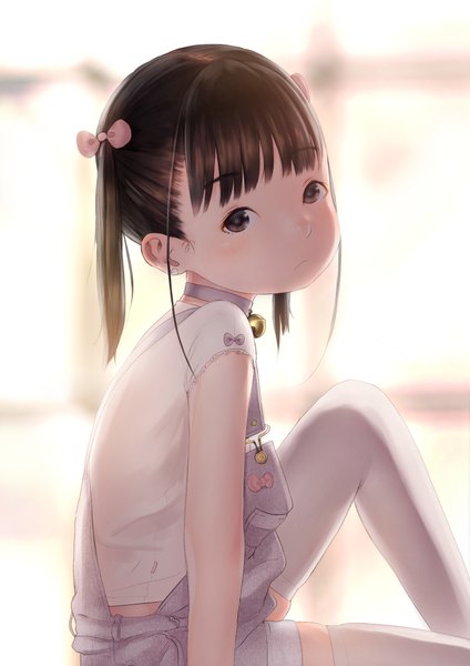 Anime picture 778x1100 with original hideousbeing single tall image looking at viewer blush fringe short hair brown hair white background sitting twintails brown eyes payot bent knee (knees) blunt bangs head tilt blurry loli short twintails