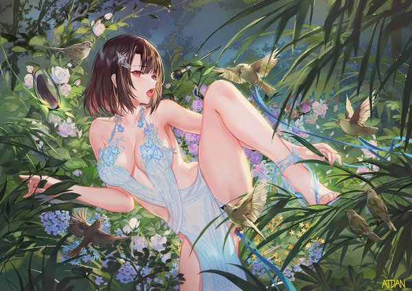 Anime picture 1500x1061 with original atdan single looking at viewer blush fringe short hair breasts open mouth light erotic red eyes brown hair large breasts standing bare shoulders signed bent knee (knees) outdoors bare legs high heels