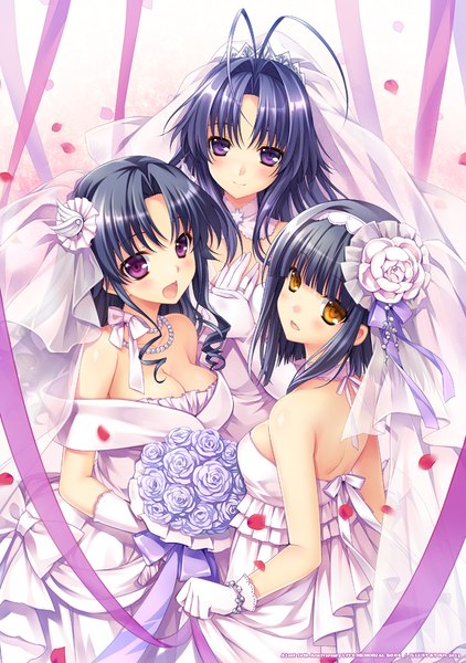 Anime picture 700x996 with original riv long hair tall image looking at viewer blush short hair open mouth black hair purple eyes multiple girls yellow eyes blue hair girl dress gloves flower (flowers) ribbon (ribbons) petals white gloves