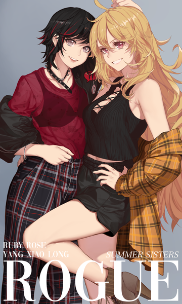 Anime picture 2818x4689 with rwby rooster teeth ruby rose yang xiao long dishwasher1910 long hair tall image looking at viewer fringe highres short hair breasts light erotic black hair simple background blonde hair smile hair between eyes red eyes standing