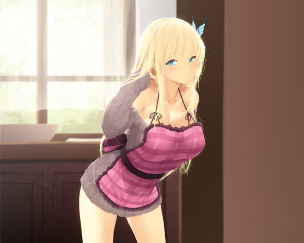 Anime picture 5315x4252 with boku wa tomodachi ga sukunai kashiwazaki sena cait single long hair looking at viewer fringe highres breasts open mouth blue eyes light erotic blonde hair hair between eyes large breasts standing bare shoulders payot absurdres cleavage