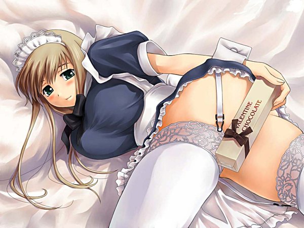 Anime picture 1600x1200 with tanaka shoutarou single long hair blush breasts light erotic blonde hair large breasts green eyes lying maid valentine girl thighhighs white thighhighs food headdress sweets maid headdress garter straps