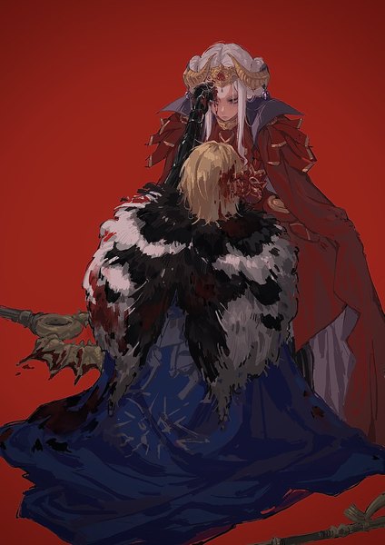 Anime picture 1448x2048 with fire emblem fire emblem: three houses nintendo edelgard von hresvelg dimitri alexandre blaiddyd melonmeros tall image short hair simple background blonde hair purple eyes looking away silver hair horn (horns) red background blood on face bloody clothes girl boy weapon