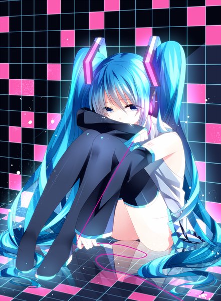 Anime picture 1250x1700 with vocaloid hatsune miku nishina (alive001) single tall image light erotic sitting twintails very long hair aqua eyes aqua hair girl thighhighs hair ornament black thighhighs detached sleeves headphones
