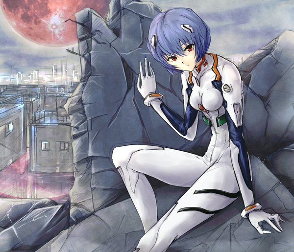 Anime picture 1072x921 with neon genesis evangelion gainax ayanami rei cibo (killy) single looking at viewer short hair red eyes sitting blue hair sky red moon girl building (buildings) moon full moon pilot suit