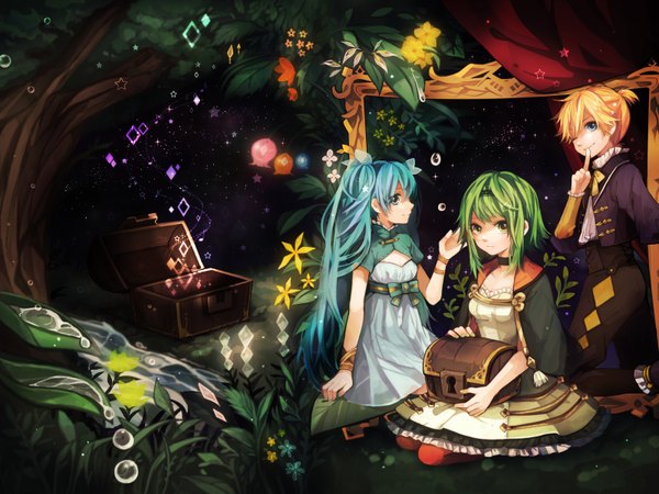 Anime picture 1600x1200 with vocaloid hatsune miku kagamine len gumi tama (songe) long hair looking at viewer fringe short hair blue eyes blonde hair smile sitting twintails multiple girls holding green eyes ponytail profile aqua eyes
