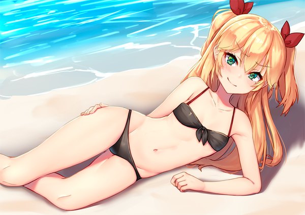 Anime picture 1000x708 with azur lane admiral hipper (azur lane) pensuke single long hair looking at viewer blush fringe breasts light erotic blonde hair smile hair between eyes bare shoulders green eyes outdoors two side up beach reclining sand