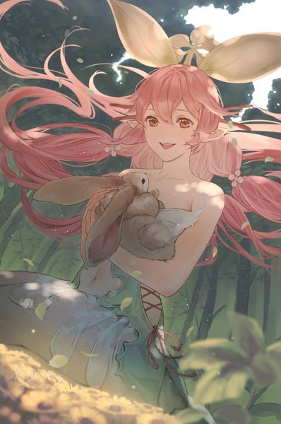 Anime picture 1000x1509 with granblue fantasy yggdrasil (granblue fantasy) sua lucid single long hair tall image fringe open mouth hair between eyes sitting pink hair :d pointy ears from below orange eyes girl plant (plants) animal tree (trees) forest