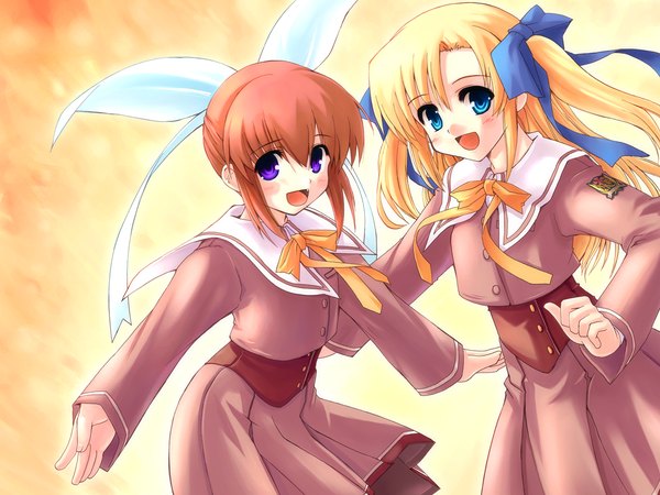 Anime picture 1280x960 with canvas (anime) canvas 2 housen elis kikyou kiri long hair looking at viewer fringe short hair open mouth blue eyes simple background blonde hair hair between eyes brown hair purple eyes multiple girls :d two side up yellow background girl