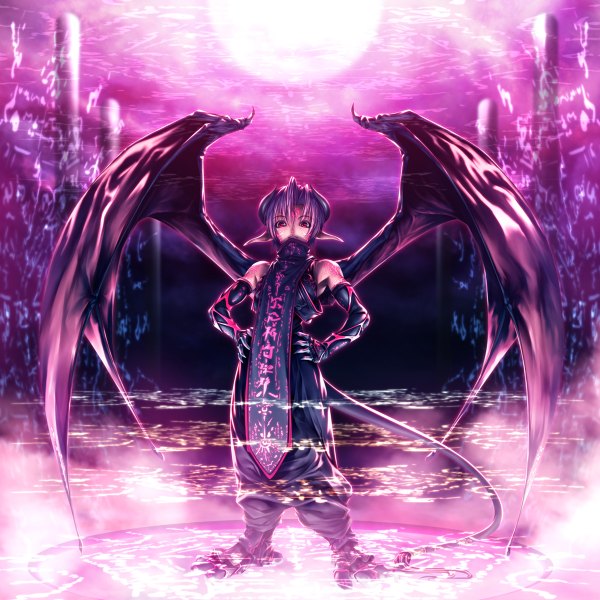 Anime picture 1200x1200 with original rezi single short hair red eyes purple hair tail horn (horns) pointy ears tattoo demon girl bat wings girl gloves elbow gloves armor moon