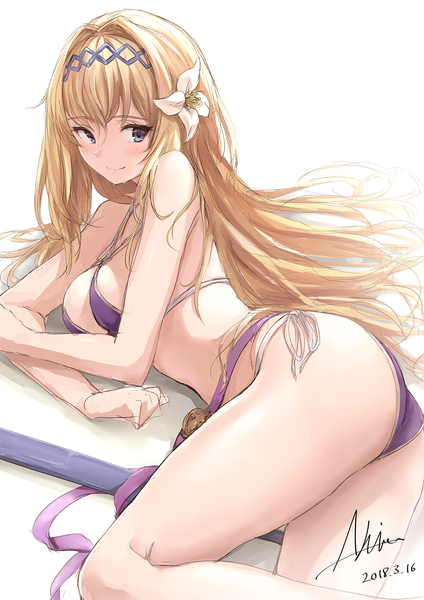 Anime picture 1240x1754 with granblue fantasy jeanne d'arc (granblue fantasy) akita hika single long hair tall image breasts blue eyes light erotic simple background blonde hair smile large breasts white background signed looking away ass lying hair flower wet