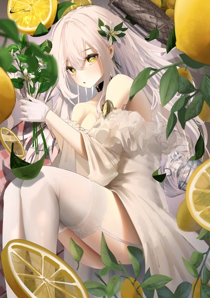 Anime picture 3148x4467 with original luenar single long hair tall image looking at viewer fringe highres open mouth light erotic hair between eyes holding yellow eyes payot absurdres bent knee (knees) white hair hair flower wide sleeves :o