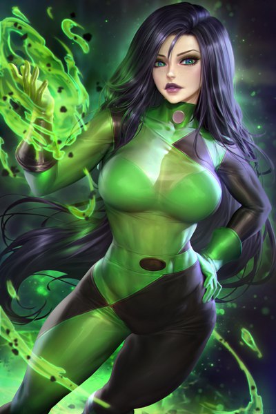 Anime picture 2400x3597 with kim possible shego (kim possible) nudtawut thongmai single long hair tall image looking at viewer highres breasts light erotic black hair large breasts standing green eyes parted lips hand on hip lipstick magic pale skin skin tight