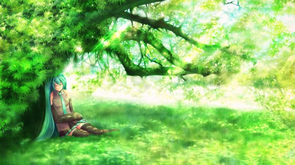 Anime picture 1280x720 with vocaloid hatsune miku single long hair wide image twintails eyes closed aqua hair girl skirt plant (plants) detached sleeves miniskirt tree (trees) necktie