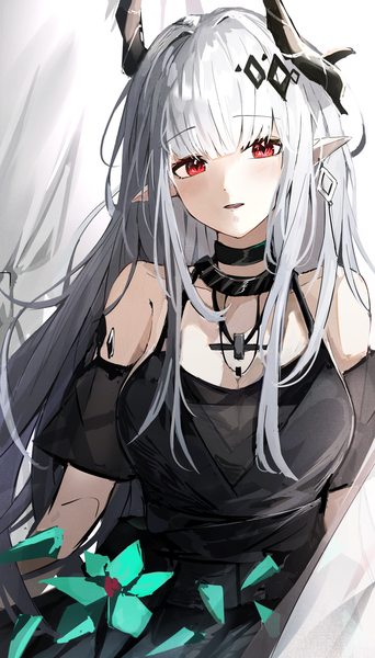 Anime picture 1982x3480 with arknights mudrock (arknights) mudrock (obsidian) (arknights) sikinose val single long hair tall image looking at viewer blush fringe highres breasts open mouth red eyes standing upper body white hair blunt bangs head tilt horn (horns)