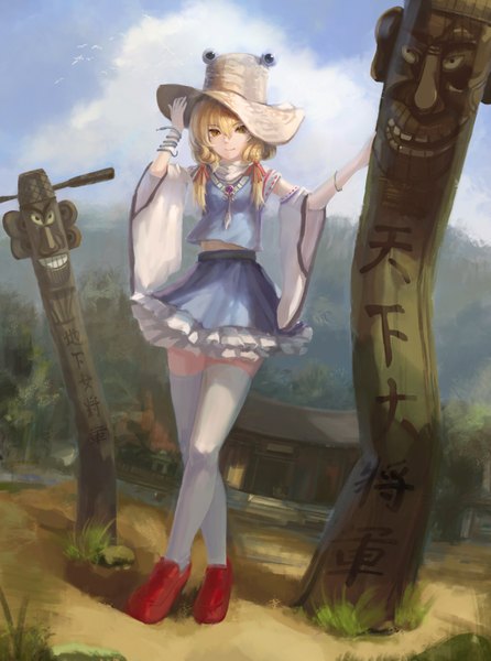 Anime picture 2400x3226 with touhou moriya suwako magician (china) single tall image looking at viewer highres short hair blonde hair brown eyes girl thighhighs dress skirt hat white thighhighs skirt set