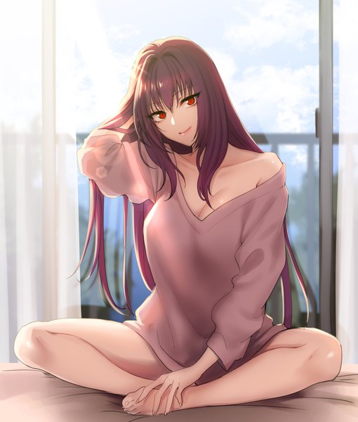 Anime picture 800x940 with fate (series) fate/grand order scathach (fate) (all) scathach (fate) shoukaki (earthean) single long hair tall image looking at viewer fringe breasts light erotic smile hair between eyes red eyes brown hair large breasts sitting bare shoulders payot
