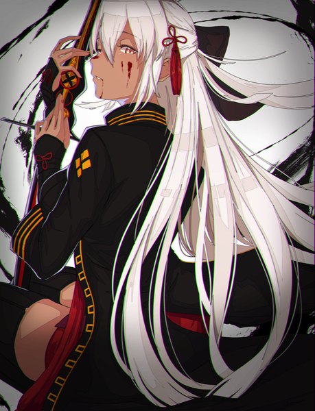 Anime picture 1568x2048 with fate (series) fate/grand order okita souji (fate) (all) okita souji alter (fate) kisaragi chiyuki single long hair tall image looking at viewer fringe hair between eyes holding payot silver hair parted lips profile looking back from behind orange eyes zettai ryouiki