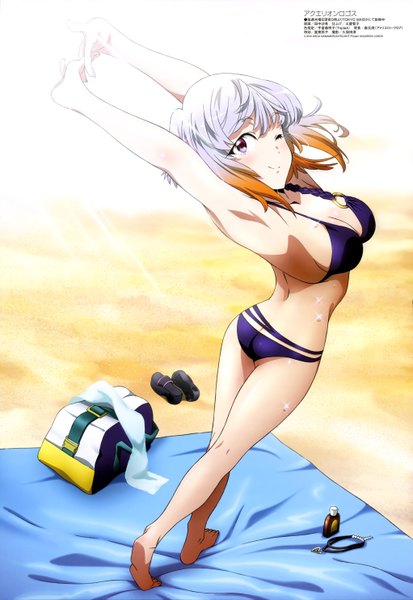 Anime picture 4082x5930 with aquarion (series) aquarion logos megami magazine satelight tsukigane maia tanaka saki single tall image highres short hair breasts light erotic smile purple eyes absurdres white hair one eye closed multicolored hair wink two-tone hair