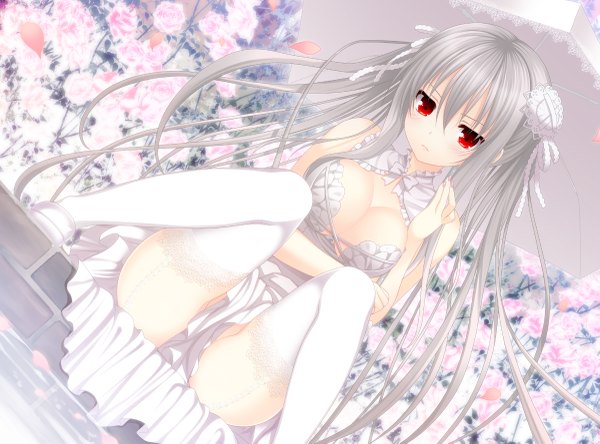 Anime picture 1200x889 with original makita maki single long hair looking at viewer blush breasts light erotic red eyes twintails bare shoulders silver hair girl thighhighs dress flower (flowers) white thighhighs shoes umbrella