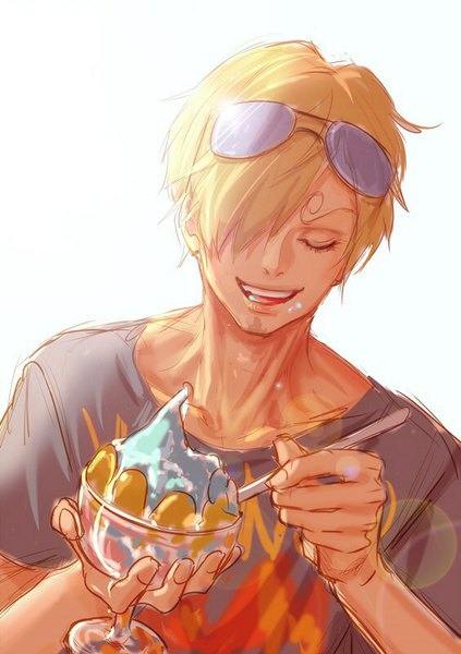 Anime-Bild 565x800 mit one piece toei animation sanji an ri single tall image fringe short hair open mouth simple background blonde hair smile white background holding upper body eyes closed hair over one eye teeth short sleeves eyebrows