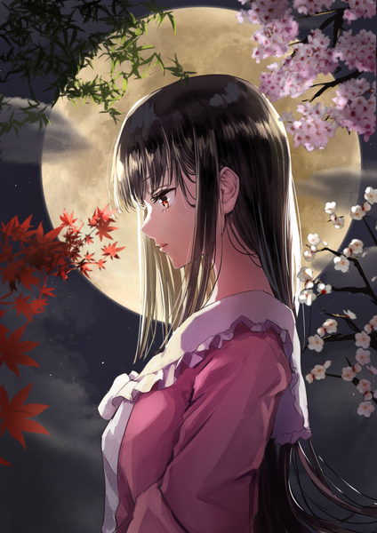 Anime picture 1157x1637 with touhou houraisan kaguya shironeko yuuki single long hair tall image fringe black hair red eyes upper body profile cherry blossoms plum blossoms girl flower (flowers) plant (plants) leaf (leaves) moon full moon autumn leaves