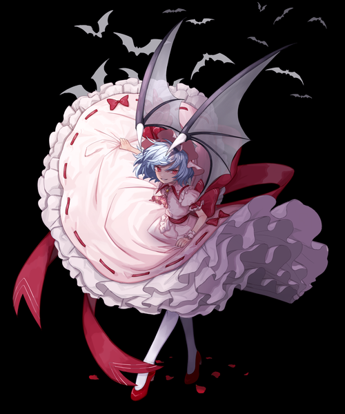 Anime picture 1357x1628 with touhou remilia scarlet marimo tarou single tall image fringe smile red eyes standing holding blue hair short sleeves puffy sleeves vampire girl dress bow ribbon (ribbons) animal petals