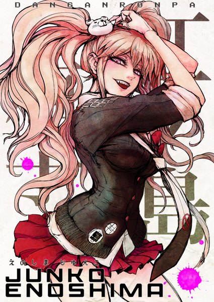 Anime picture 1000x1412 with dangan ronpa super dangan ronpa 2 enoshima junko chihiro (kemonomichi) single long hair tall image looking at viewer blush open mouth blonde hair twintails pleated skirt pink eyes inscription girl necktie