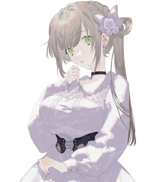 Anime picture 1800x2204 with original naomasap single long hair tall image looking at viewer fringe highres breasts simple background large breasts standing white background green eyes payot long sleeves nail polish parted lips grey hair piercing