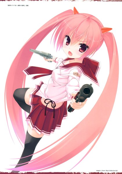 Anime picture 2666x3800 with hidan no aria kanzaki h aria kobuichi single tall image looking at viewer blush highres open mouth simple background red eyes white background twintails pink hair very long hair scan girl thighhighs skirt weapon