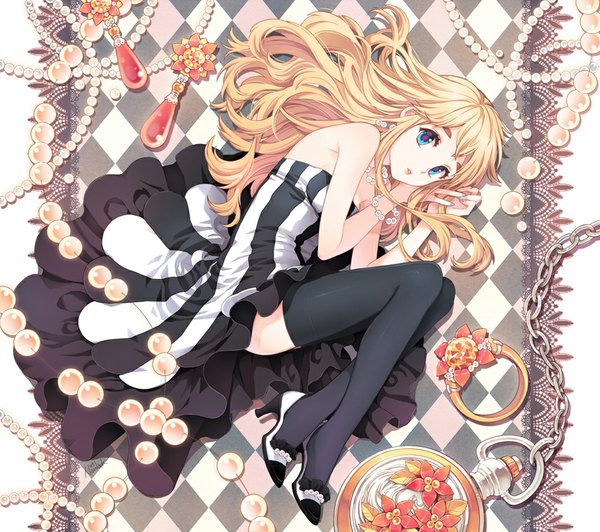 Anime picture 950x843 with k-on! kyoto animation kotobuki tsumugi nardack single long hair looking at viewer blue eyes blonde hair smile bare shoulders nail polish zettai ryouiki checkered checkered background girl thighhighs dress flower (flowers) black thighhighs