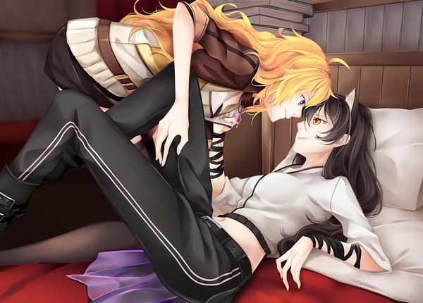 Anime picture 1181x847 with rwby rooster teeth blake belladonna yang xiao long inu0831 long hair fringe black hair blonde hair hair between eyes purple eyes multiple girls holding animal ears yellow eyes payot ahoge bent knee (knees) indoors lying