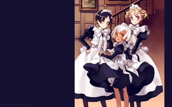 Anime picture 1920x1200 with rondo leaflet littlewitch lita nina edwards collet lloyd oyari ashito looking at viewer blush highres short hair blue eyes black hair blonde hair smile wide image standing multiple girls green eyes white hair maid