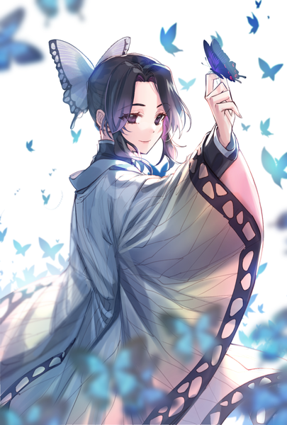 Anime picture 811x1200 with kimetsu no yaiba ufotable kochou shinobu keylime single tall image looking at viewer short hair black hair smile white background purple eyes payot traditional clothes japanese clothes arm up light smile wide sleeves depth of field gradient hair