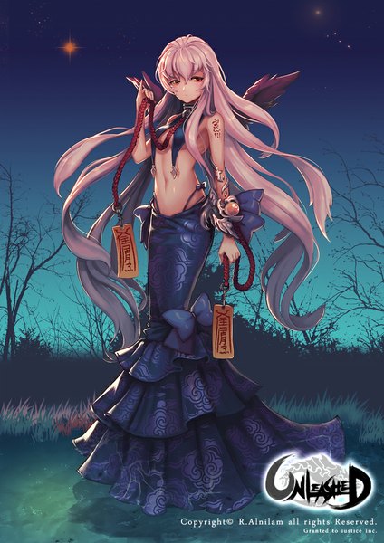 Anime picture 700x991 with unleashed r.alnilam single tall image fringe light erotic red eyes very long hair grey hair night no bra tattoo night sky girl wings
