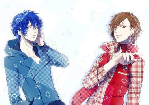 Anime picture 1165x829 with humandroid type h hououji kou kirishima sou looking at viewer short hair blue eyes brown hair brown eyes blue hair light smile multiple boys arm behind head hand in pocket checkered plaid pointing checkered background boy shirt