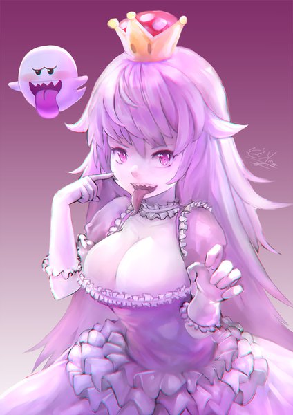 Anime picture 700x990 with super mario bros. new super mario bros. u deluxe princess king boo boo (mario) mg42cat-k1ng single long hair tall image looking at viewer breasts light erotic large breasts signed cleavage purple hair pink eyes gradient background frilled dress ghost girl