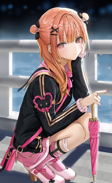 Anime picture 1053x1715 with original lloule single long hair tall image looking at viewer fringe smile holding brown eyes full body blunt bangs long sleeves nail polish fingernails orange hair hair bun (hair buns) high heels squat hand on face
