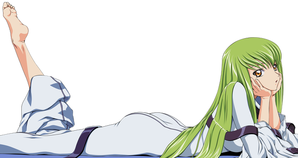 Anime picture 3500x1856 with code geass sunrise (studio) c.c. fukano youichi single long hair fringe highres wide image yellow eyes ass lying long sleeves green hair transparent background on stomach vector chin rest rendered girl